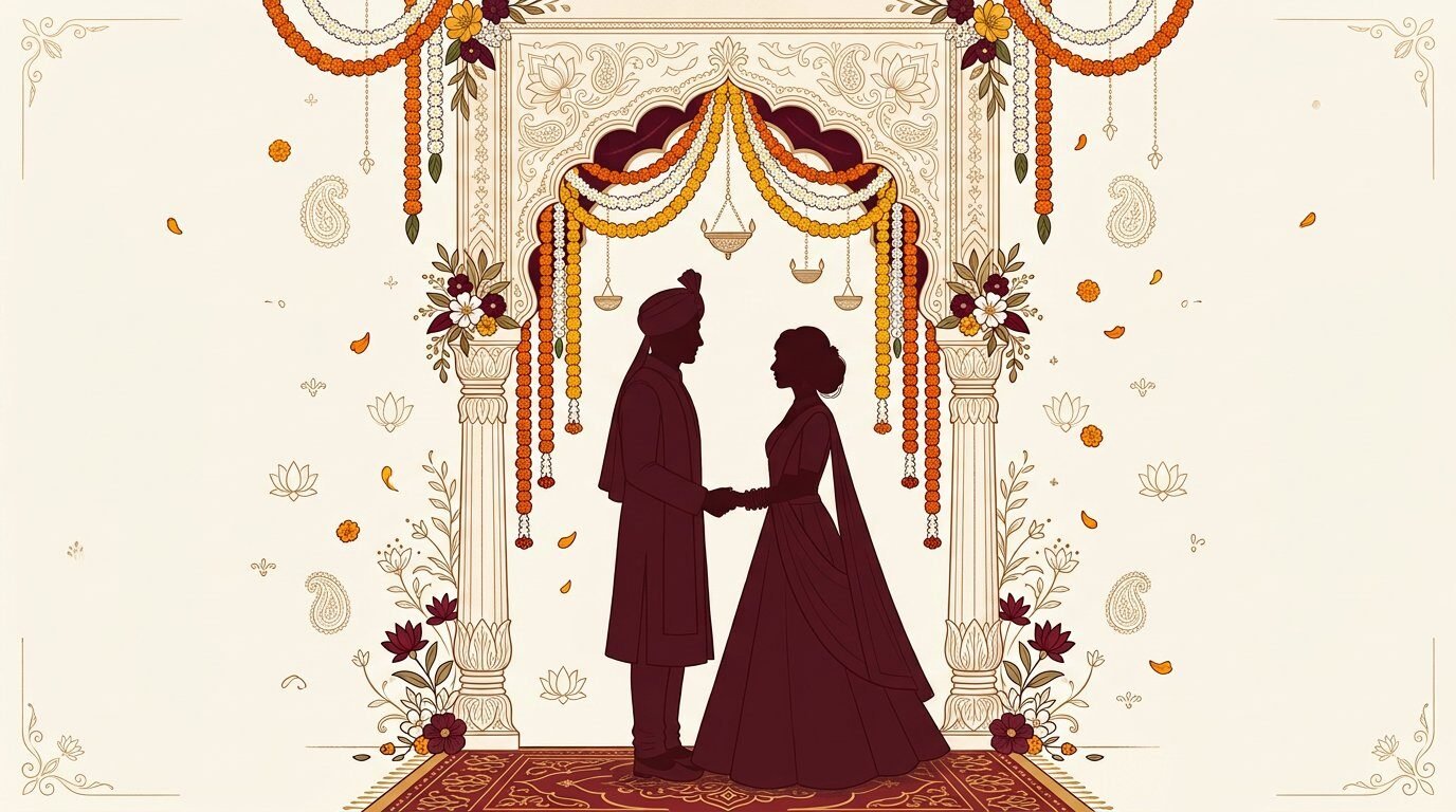 Elegant illustration of an Indian couple beneath a decorated archway with marigold garlands